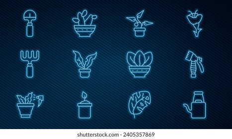 Set line Watering can, spray bottle, Plant pot, Garden rake, Shovel,  and Cactus peyote icon. Vector