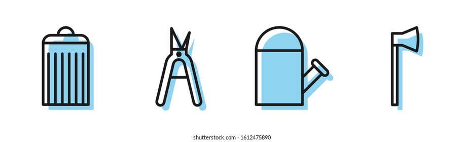 Set line Watering can, Trash can, Gardening handmade scissors and Wooden axe icon. Vector