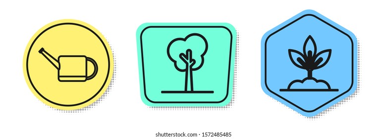 Set line Watering can, Tree and Plant. Colored shapes. Vector