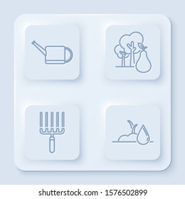 Set line Watering can, Tree with pears, Garden rake in work and Watering sprout. White square button. Vector