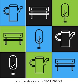 Set line Watering can, Tree and Bench icon. Vector