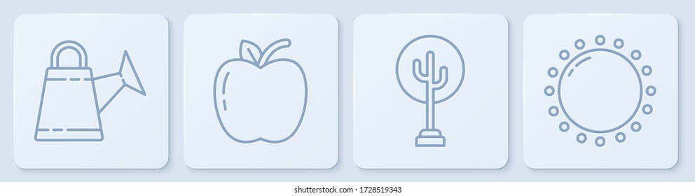 Set line Watering can, Tree, Apple and Sun. White square button. Vector