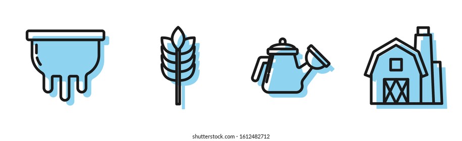 Set line Watering can, Udder, Cereals with rice, wheat, corn, oats, rye and Farm House concept icon. Vector