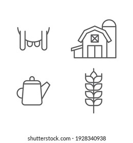 Set line Watering can, Udder, Cereals with rice, wheat, corn, oats, rye and Farm House concept icon.