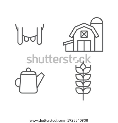 Set line Watering can, Udder, Cereals with rice, wheat, corn, oats, rye and Farm House concept icon.