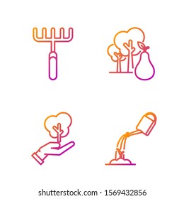 Set line Watering can with water, Tree in hand of environmental protection, Garden rake and Tree with pears. Gradient color icons. Vector