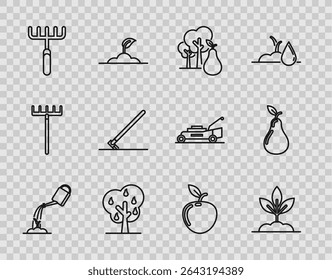 Set line Watering can with water, Plant, Tree pears, Garden rake, work, Apple and Pear icon. Vector