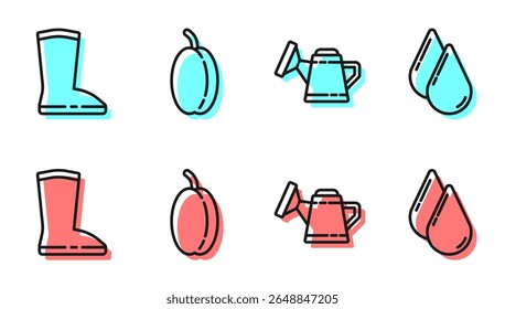 Set line Watering can, Waterproof rubber boot, Plum fruit and Water drop icon. Vector