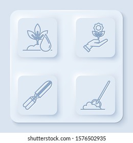 Set line Watering plant, Hand holding flower, Gardening handmade scissors for trimming and Shovel in the ground. White square button. Vector