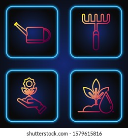 Set line Watering plant, Hand holding flower, Watering can and Garden rake. Gradient color icons. Vector