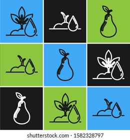 Set line Watering plant, Pear and Watering sprout icon. Vector