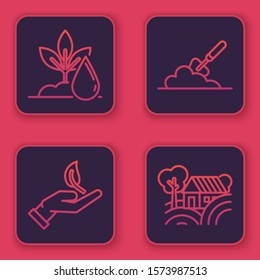 Set line Watering plant, Sprout in hand of environmental protection, Garden trowel spade or shovel in the ground and Farm House concept. Blue square button. Vector