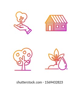 Set line Watering plant, Tree with apple, Tree in hand of environmental protection and Farm house. Gradient color icons. Vector