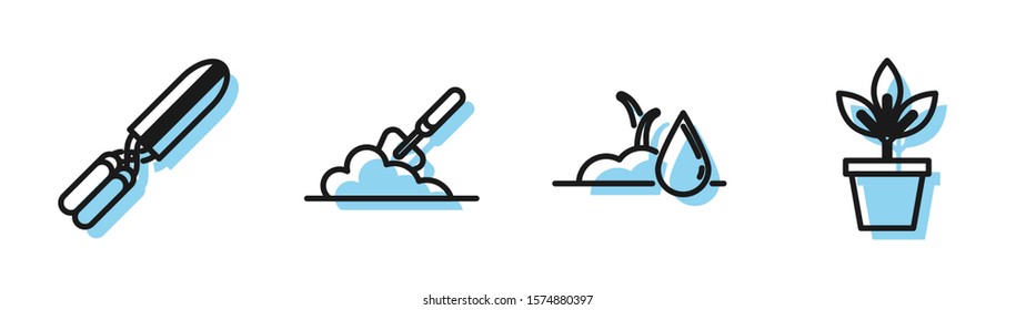 Set line Watering sprout, Gardening handmade scissors for trimming, Garden trowel spade or shovel in the ground and Flowers in pot icon. Vector