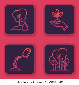 Set line Watering Tree, Watering can with water, Plant in hand of environmental protection and Trees. Blue square button. Vector