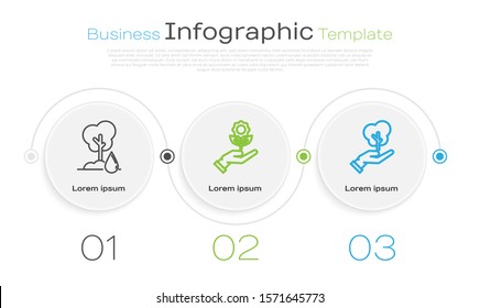 Set line Watering Tree, Hand holding flower and Tree in hand of environmental protection. Business infographic template. Vector