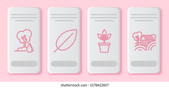 Set line Watering Tree, Leaf, Flowers in pot and Farm House concept. White rectangle button. Vector