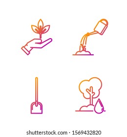 Set line Watering Tree, Shovel, Plant in hand of environmental protection and Watering can with water. Gradient color icons. Vector