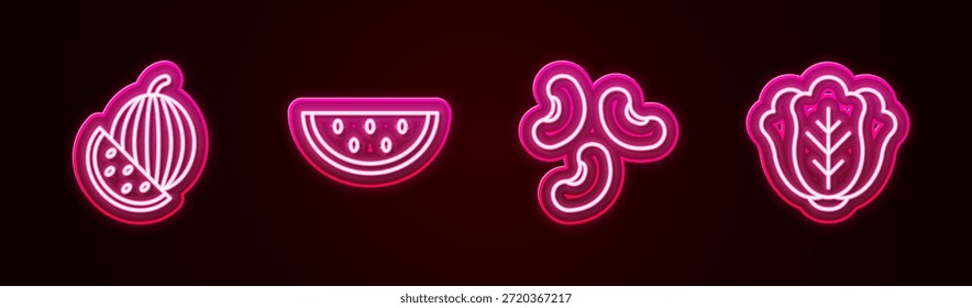 Set line Sandía, Frijoles y Repollo. Icono de neón brillante. Vector