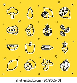 Set line Watermelon, Beet, Tomato, Lemon, Potato, Cabbage, Broccoli and  icon. Vector