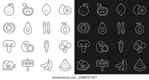 Set line Watermelon, Broccoli, Plum fruit, Lemon, Avocado, Tomato, Orange and Asparagus icon. Vector