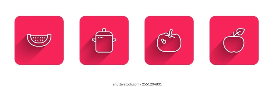 Set line Watermelon, Cooking pot, Pumpkin and Apple with long shadow. Red square button. Vector