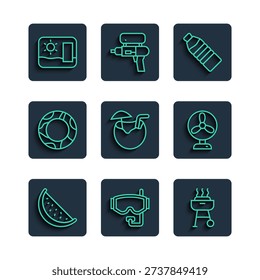 Set line Watermelon, Diving mask, Barbecue grill, Bottle of water, Coconut cocktail, Rubber swimming ring, Travel postcard and Electric fan icon. Vector