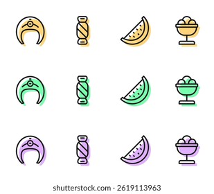 Set line Watermelon, Fish steak, Candy and Ice cream in the bowl icon. Vector