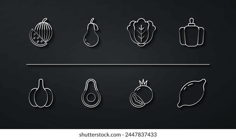 Set line Watermelon, Garlic, Bell pepper, Tomato, Avocado fruit, Pear, Lemon and Cabbage icon. Vector