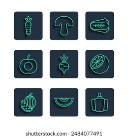 Set line Watermelon, Melon fruit, Bell pepper, Cabbage, Beet, Peach, Carrot and Orange icon. Vector