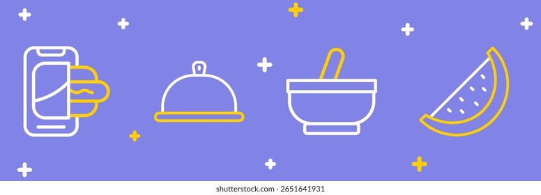 Linha Set Melancia, Argamassa e pilão, Coberto com bandeja de comida e comida pedindo ícone móvel. Vetor