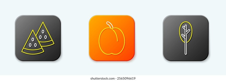 Set line Watermelon, Plum fruit and Spinach icon. Vector