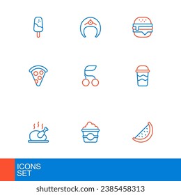 Set line Watermelon, Popcorn in cardboard box, Roasted turkey chicken, Coffee cup to go, Slice pizza, Fresh berries, Burger and Fish steak icon. Vector