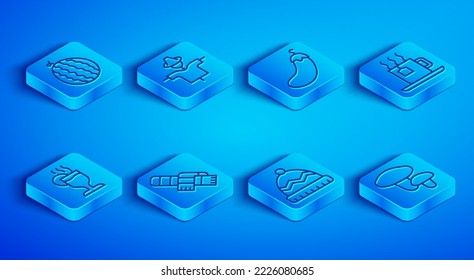 Set line Watermelon, Scarecrow, Eggplant, Winter scarf, hat, Cup of tea with tea bag, Mulled wine and Mushroom icon. Vector