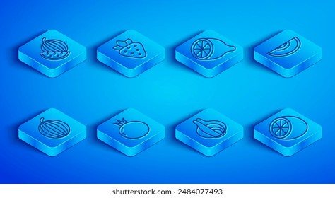 Set line Watermelon, Strawberry, Lemon, Tomato, Onion, Melon fruit,  and Orange icon. Vector