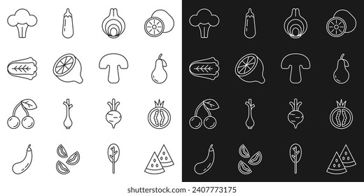 Set line Watermelon, Tomato, Pear, Onion, Lemon, Cabbage, Broccoli and Mushroom icon. Vector