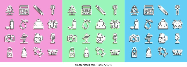 Set line Watermelon, Wine glass, Butterfly, French baguette bread, Pear, Thermos container, Tree and Kitchen apron icon. Vector