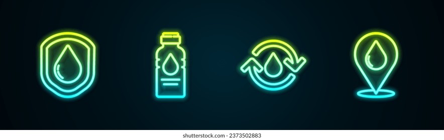 Set line Waterproof, Bottle water, Recycle clean aqua and drop with location. Glowing neon icon. Vector