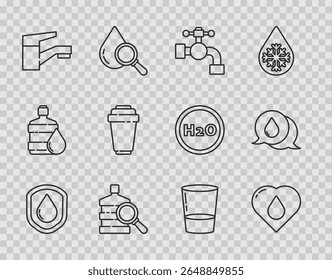 Definir linha À prova d'água, Coração com gota d'água, torneira, Garrafa grande limpa, cartucho de filtro, Vidro e balão ícone bolhas. Vetor
