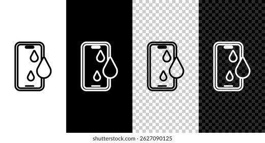Icono impermeable del teléfono móvil aislado en blanco y negro, fondo transparente. Smartphone con gota de agua. Vector