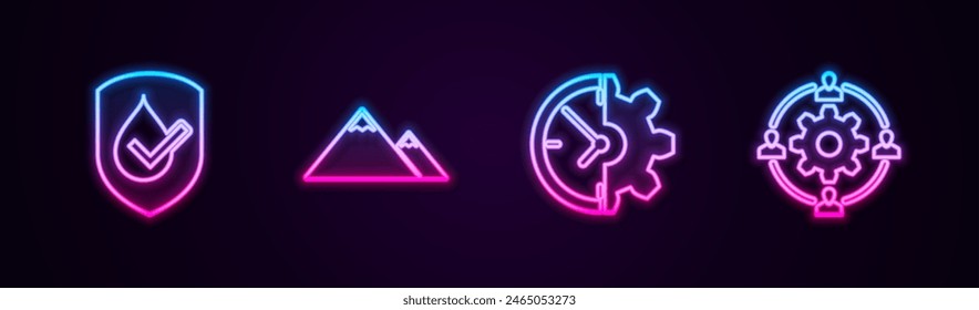 Impermeable, Montañas, Reloj y equipo y concepto de Outsourcing. Icono de neón brillante. Vector