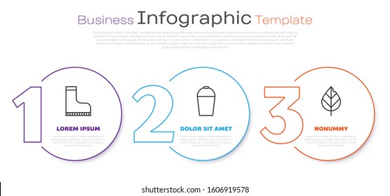 Set line Waterproof rubber boot, Bucket and Leaf. Business infographic template. Vector