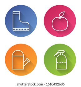 Set line Waterproof rubber boot, Apple, Watering can and Garden sprayer. Color circle button. Vector