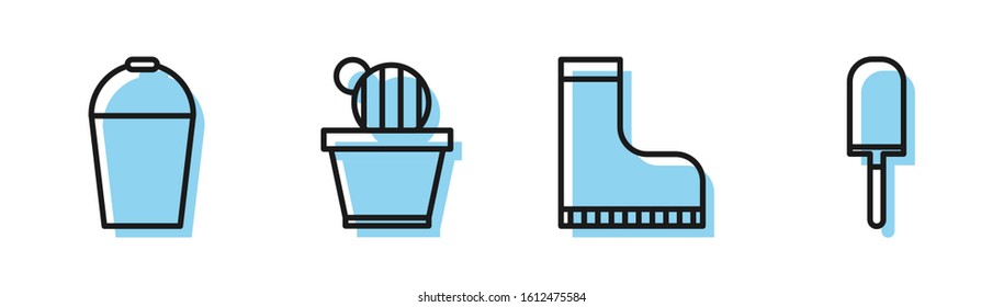 Set line Waterproof rubber boot, Bucket, Cactus and succulent in pot and Garden trowel spade or shovel icon. Vector