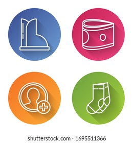 Set line Waterproof rubber boot, Stacks paper money cash, Create account screen and Socks. Color circle button. Vector