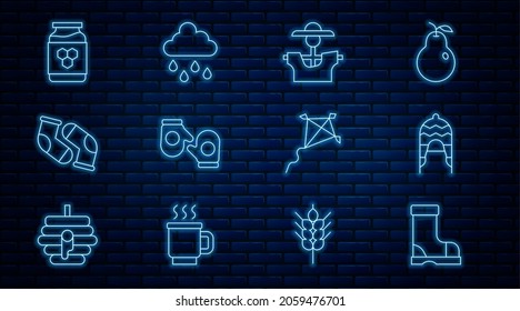 Set line Waterproof rubber boot, Winter hat, Scarecrow, Christmas mitten, Socks, Jar honey, Kite and Cloud with rain icon. Vector