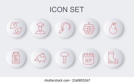 Set line Waterproof rubber boot, Jam jar, Sickle, September calendar autumn, Leaf, Graduate and graduation cap, Hedgehog and Mushroom icon. Vector