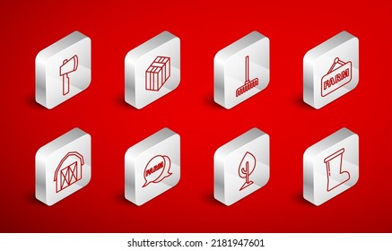 Set line Waterproof rubber boot, Bale hay, Garden rake, Signboard with text Farm, Tree, Wooden axe, Speech bubble and house icon. Vector
