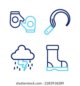 Set line Waterproof rubber boot, Storm, Sickle and Christmas mitten icon. Vector