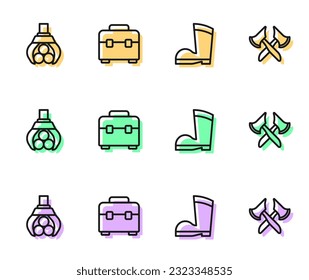 Set line Waterproof rubber boot, Grapple crane grabbed log, Toolbox and Wooden axe icon. Vector